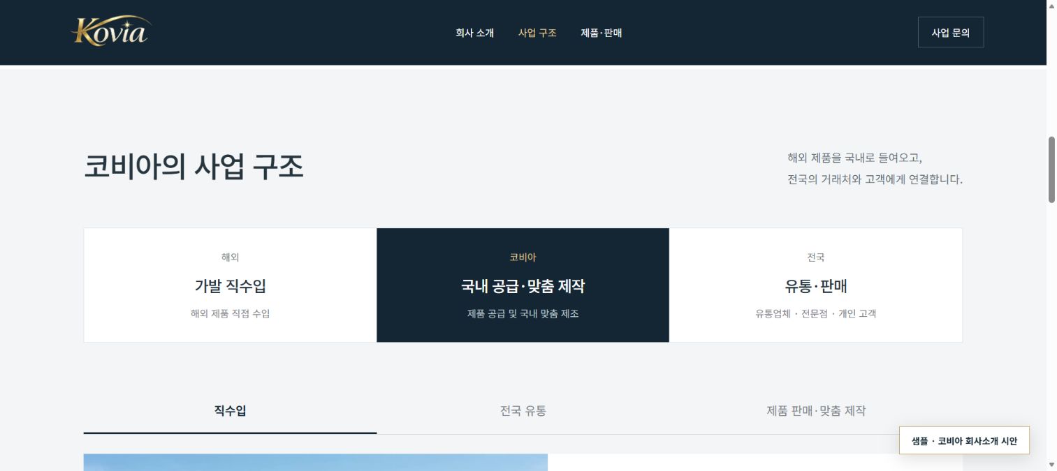 샘플: 직수입에서 국내 공급과 유통으로 이어지는 코비아 사업 구조 화면